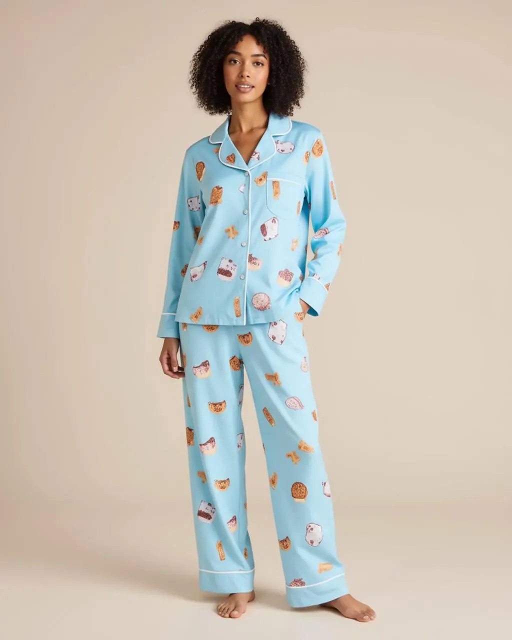 Blue Sweet Print Loose Lapel Pajama Set OMFORT