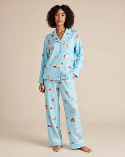 Blue Sweet Print Loose Lapel Pajama Set OMFORT