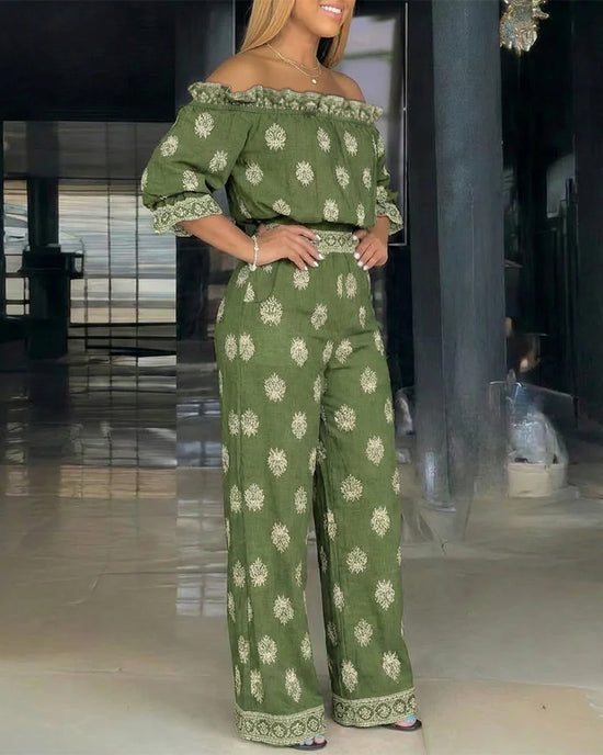 Off Shoulder Half Sleeve Flared Cuffs Top and Wide Leg Pants Set OMFORT