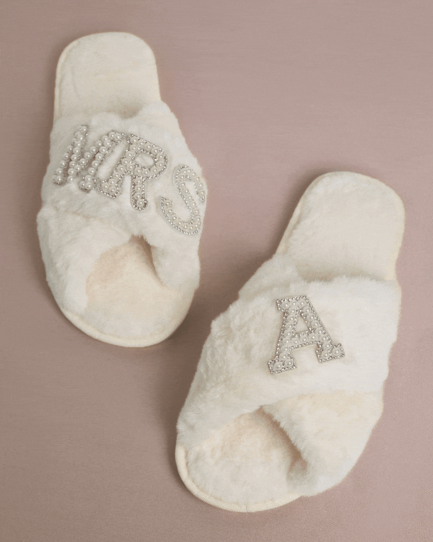 MRS & Initial Pearl Fuzzy Bridal Slippers OMFORT