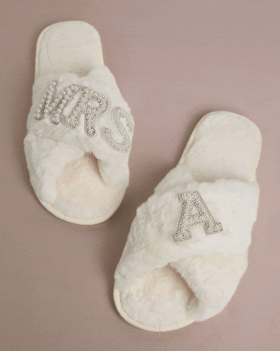 MRS & Initial Pearl Fuzzy Bridal Slippers OMFORT