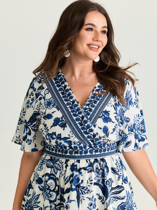 Floral Print Wrap-Neck Pocket Midi Dress OMFORT
