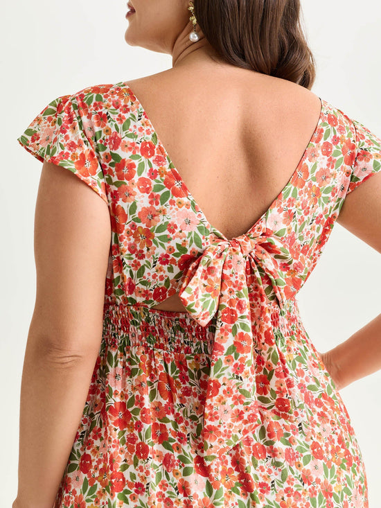 Floral Print Sweetheart Neckline Midi Dress OMFORT