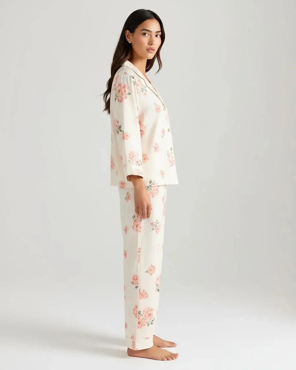 Elegant Pink Rose Print Lapel Pajama Set OMFORT