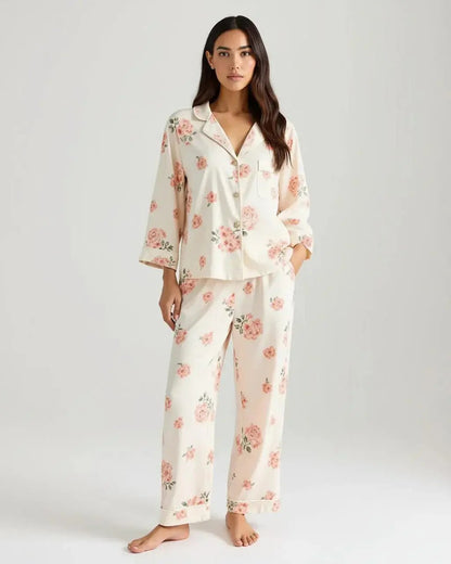 Elegant Pink Rose Print Lapel Pajama Set OMFORT