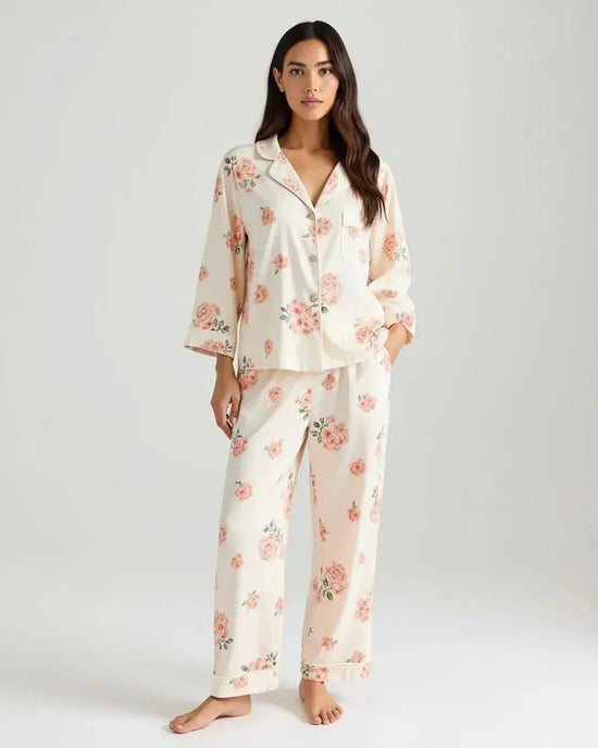 Elegant Pink Rose Print Lapel Pajama Set OMFORT