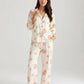 Elegant Pink Rose Print Lapel Pajama Set OMFORT