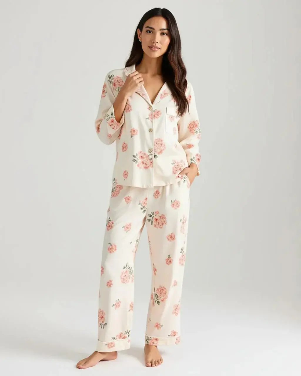 Elegant Pink Rose Print Lapel Pajama Set OMFORT