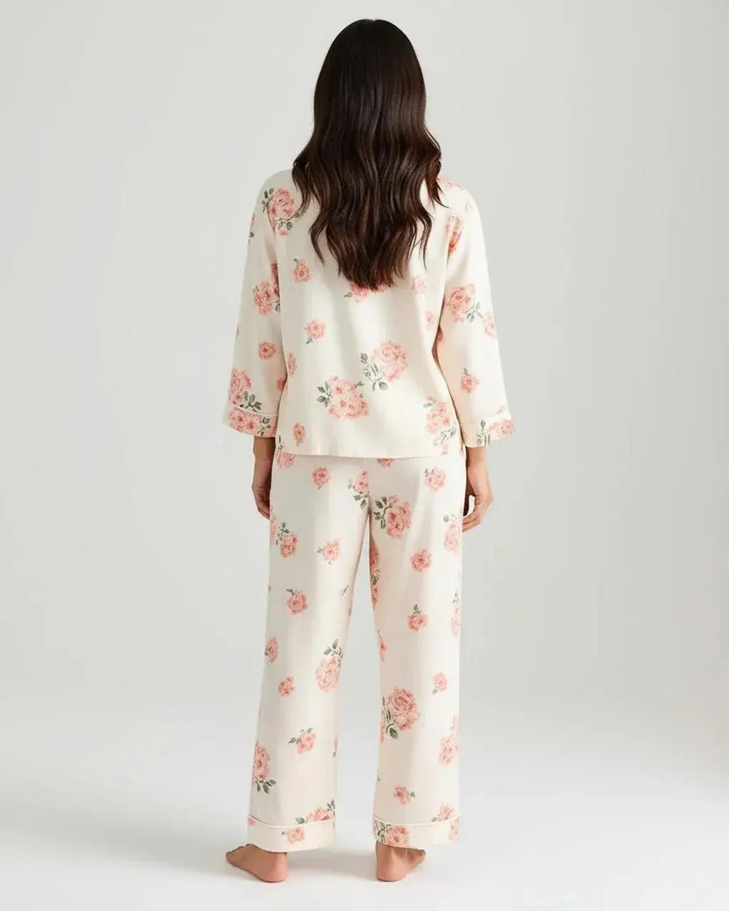 Elegant Pink Rose Print Lapel Pajama Set OMFORT