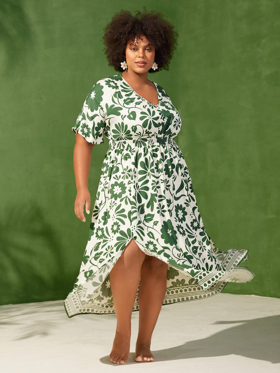 Large Floral Print Pockets Midi Dress OMFORT