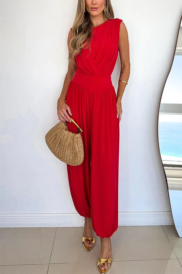 Athena Ruched Drape Neck Bodysuit and High Rise Elastic Waist Lantern Pants Set OMFORT