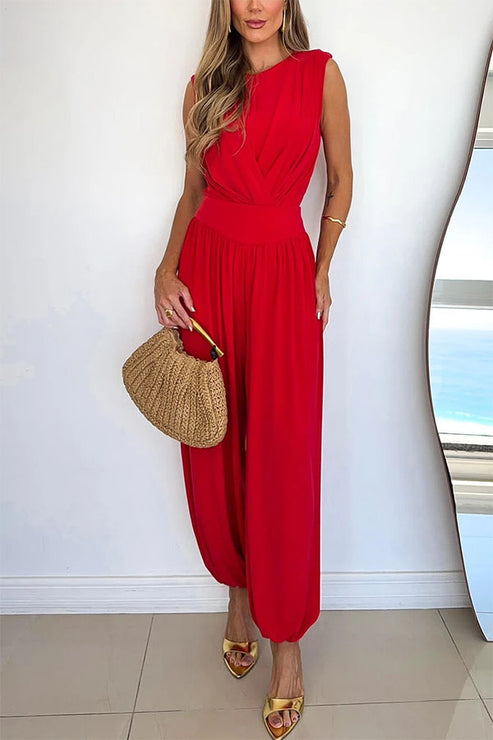 Athena Ruched Drape Neck Bodysuit and High Rise Elastic Waist Lantern Pants Set OMFORT