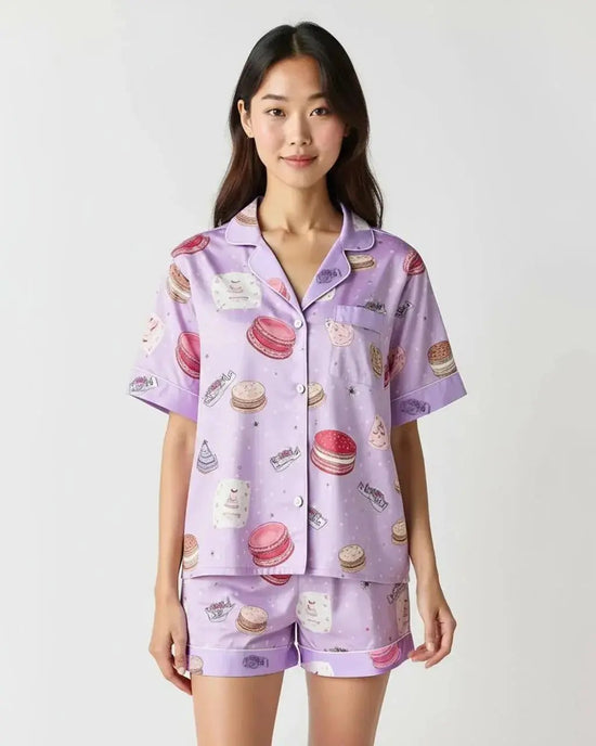 Macaron Print Soft-Touch Collared Pajamas OMFORT