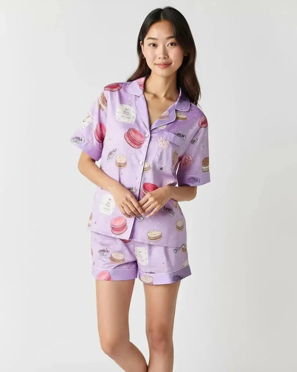 Macaron Print Soft-Touch Collared Pajamas OMFORT
