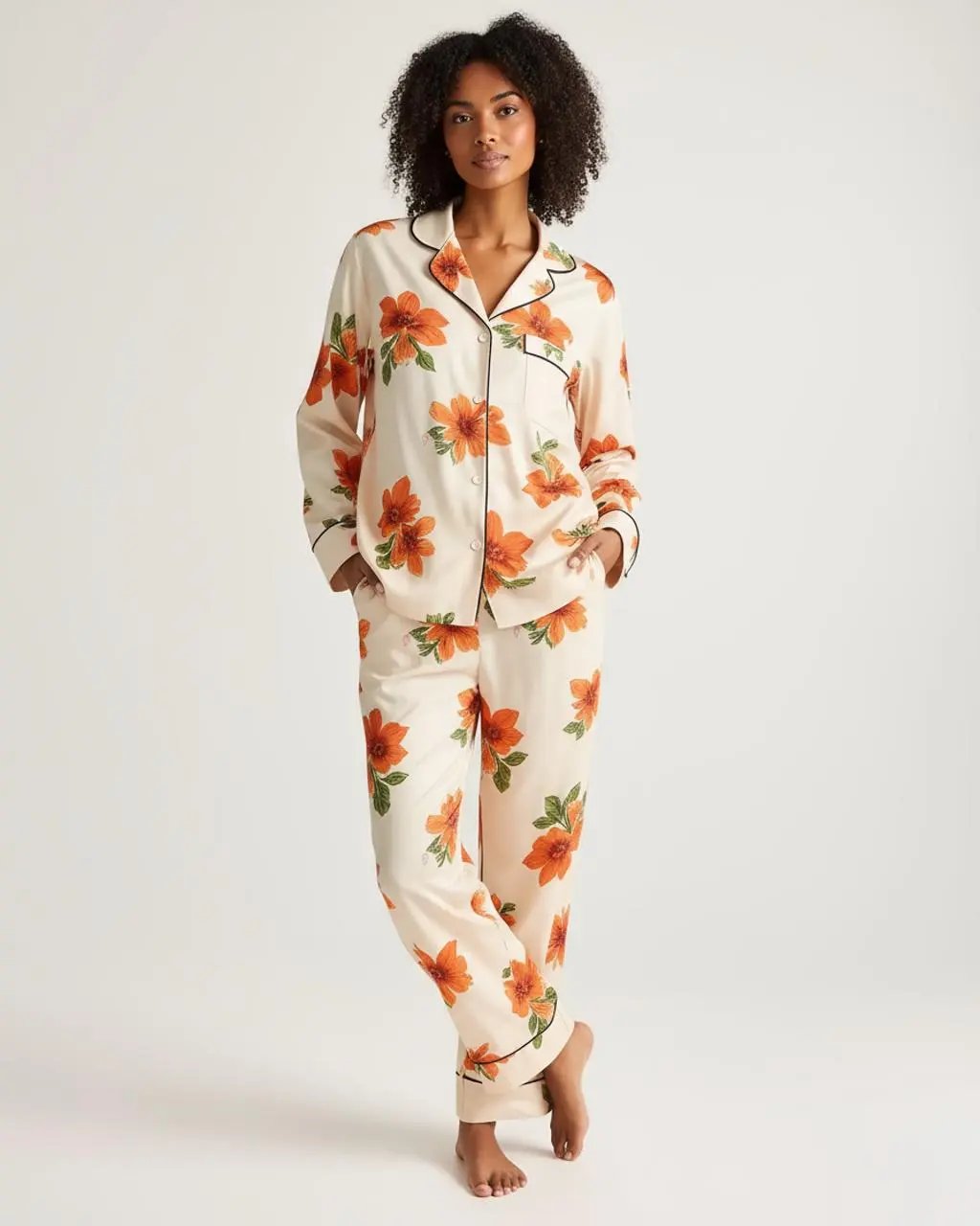 Retro Floral Pattern Contrast Collar Pajama Set OMFORT