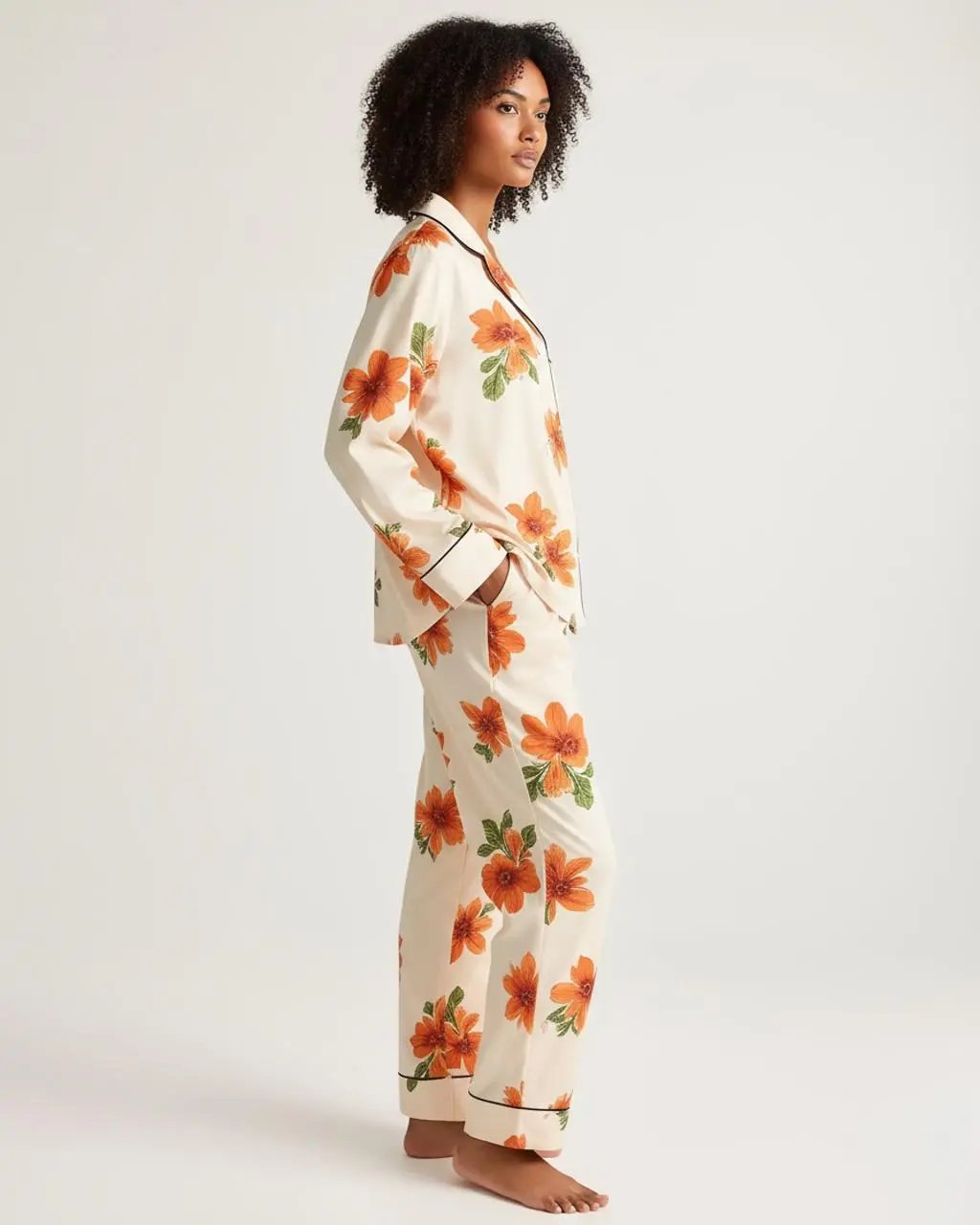 Retro Floral Pattern Contrast Collar Pajama Set OMFORT