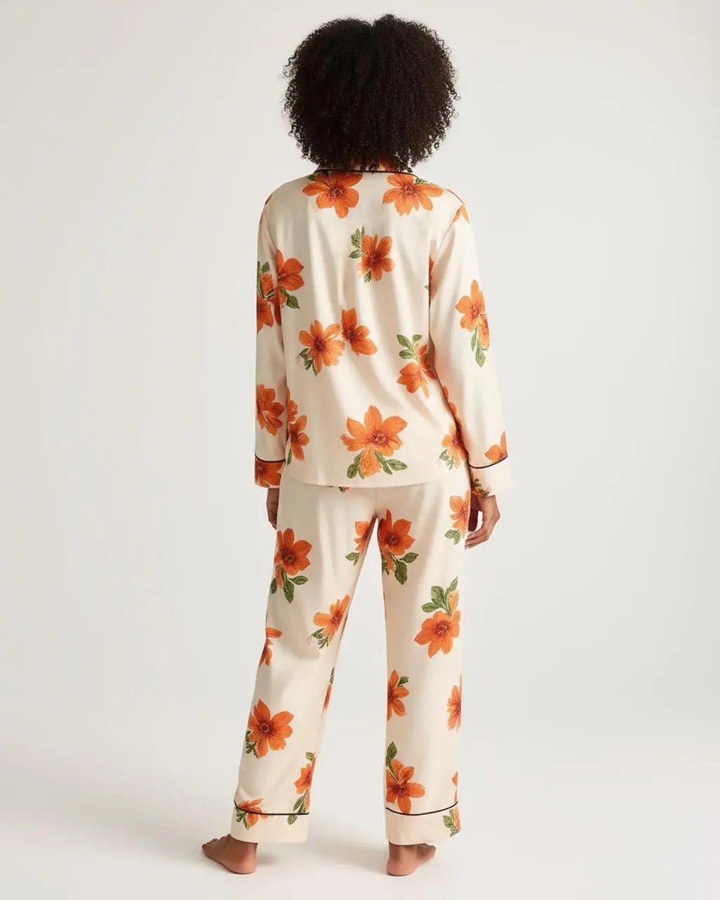 Retro Floral Pattern Contrast Collar Pajama Set OMFORT