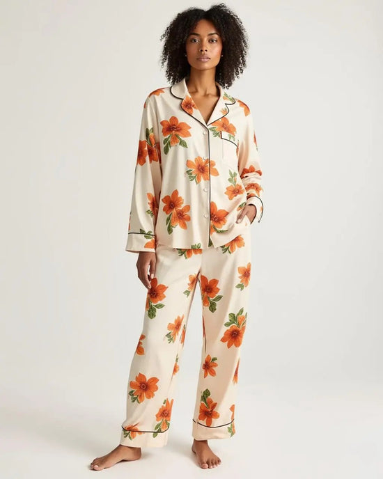 Retro Floral Pattern Contrast Collar Pajama Set OMFORT