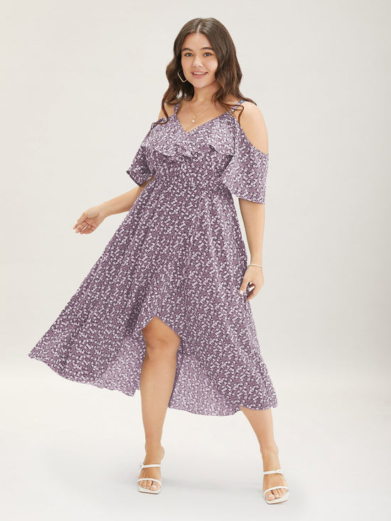 Ditsy Floral Pocket Wrap Cold Shoulder Ruffle Dress OMFORT