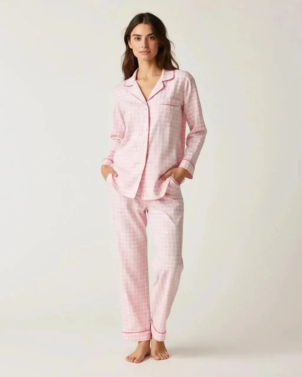 Pink Plaid Long-Sleeve Pajama Set OMFORT