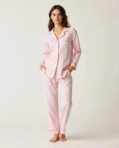Pink Plaid Long-Sleeve Pajama Set OMFORT