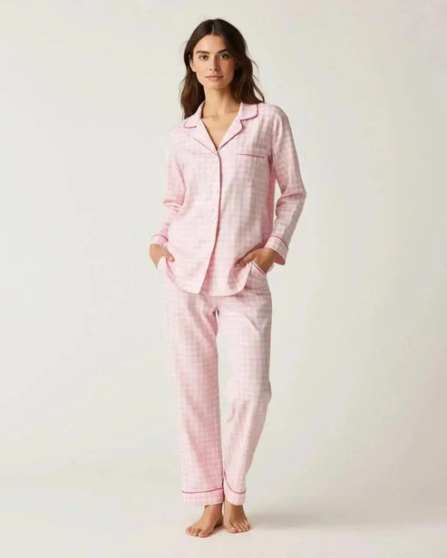Pink Plaid Long-Sleeve Pajama Set OMFORT
