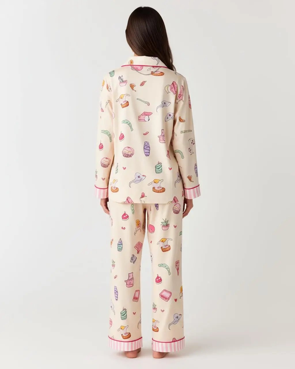 Multi-Element Cartoon Print Lapel Pajama Set OMFORT