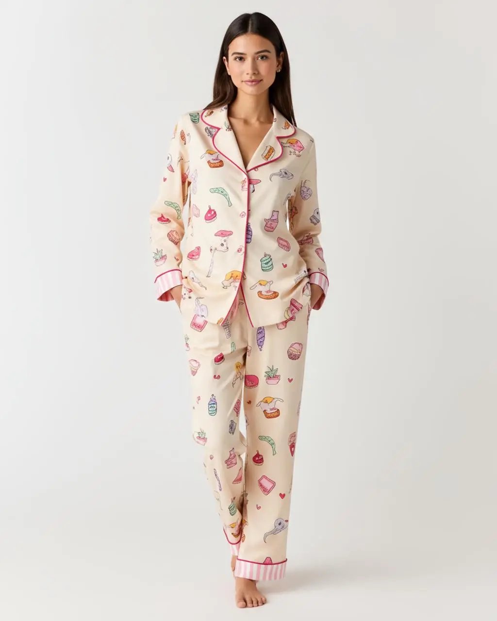 Multi-Element Cartoon Print Lapel Pajama Set OMFORT