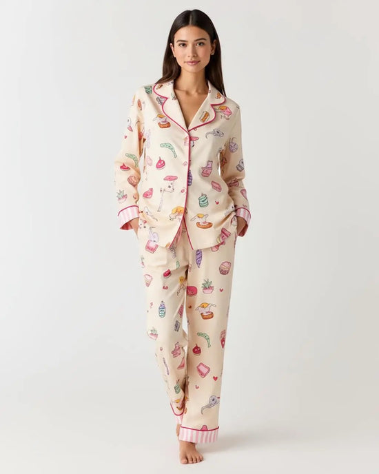 Multi-Element Cartoon Print Lapel Pajama Set OMFORT