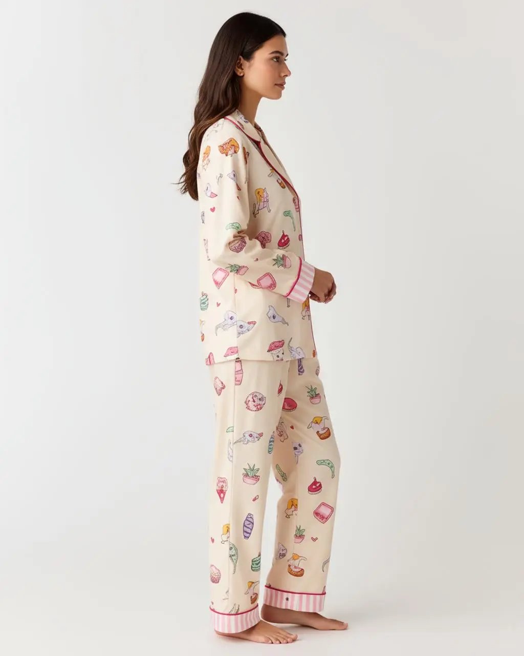 Multi-Element Cartoon Print Lapel Pajama Set OMFORT