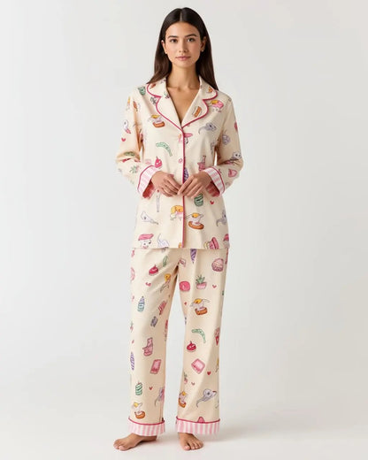 Multi-Element Cartoon Print Lapel Pajama Set OMFORT