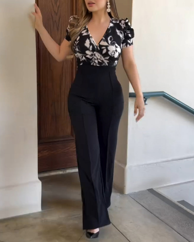 Colorblock Floral Print Spliced Deep V Neck Puff Sleeve Slim Fit Overalls Elegant Ruched Zipper Back Jumpsuit Omfort