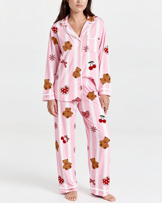 Bear Cherry Lace-Stripe Print Pajama Set OMFORT