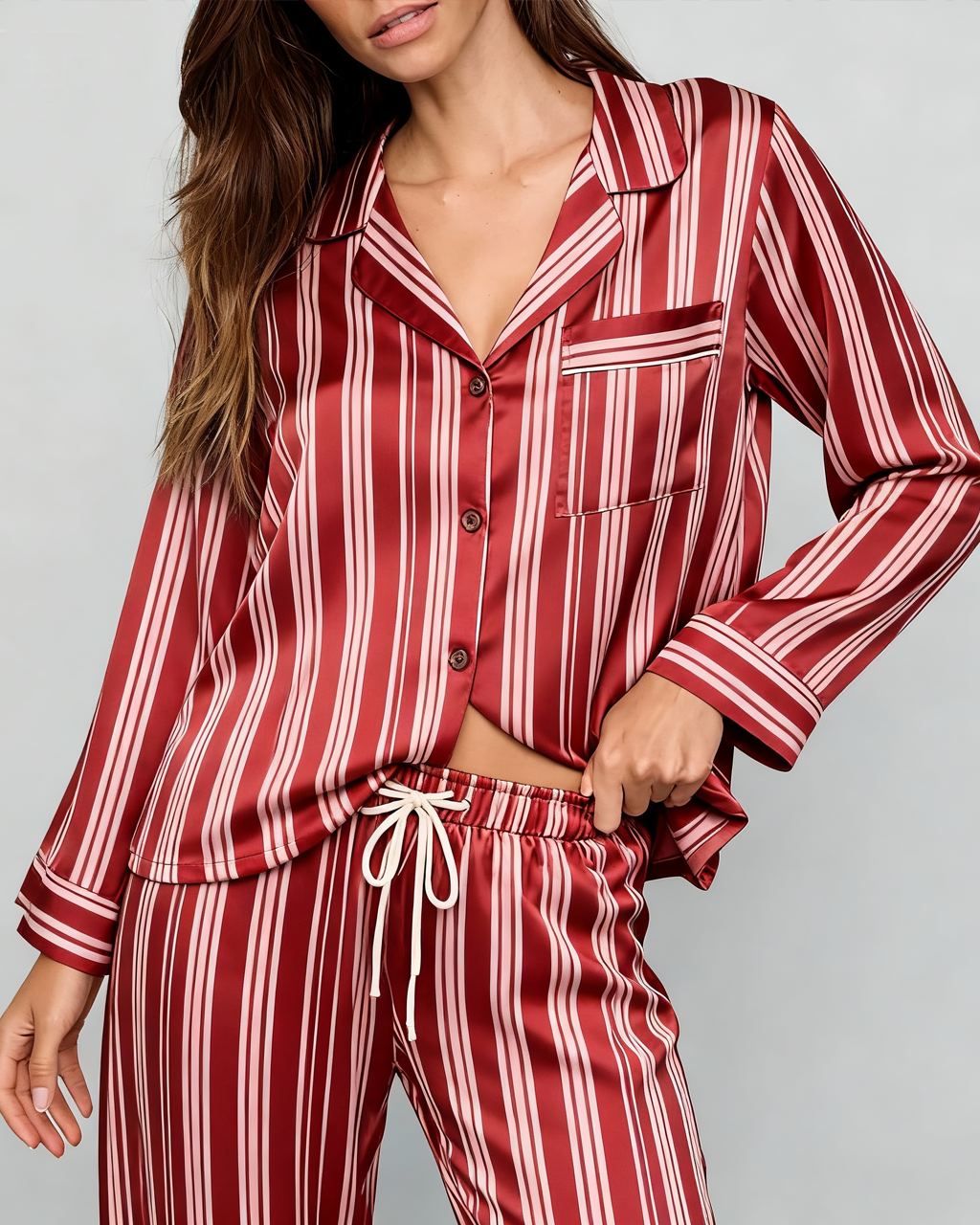 Long Sleeve Satin Three Stripes Pajama Set OMFORT