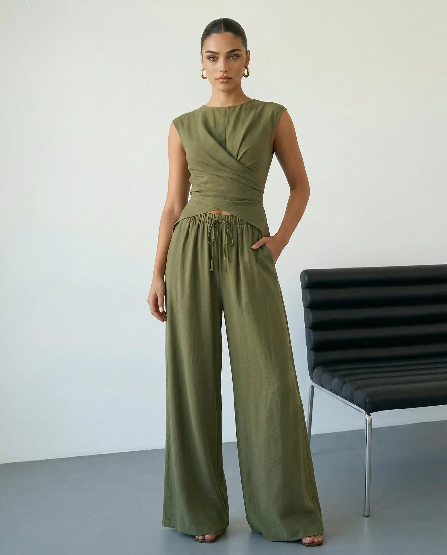SOLACE  Army Green Sleeveless Wrap Top Wide Leg Pants Set?