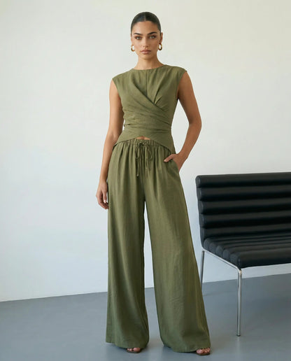 SOLACE  Army Green Sleeveless Wrap Top Wide Leg Pants Set?
