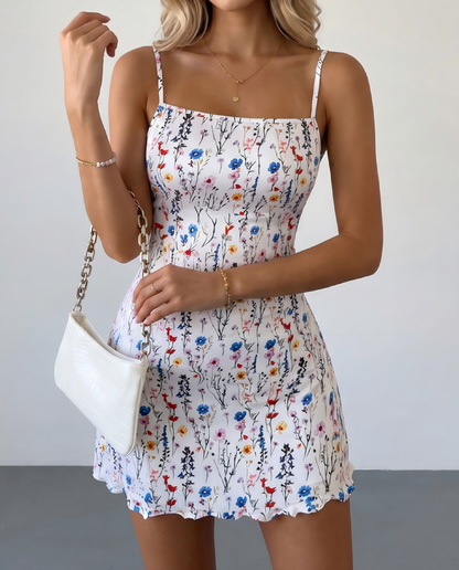 White Floral Print Square Neck Spaghetti Strap Mini Dress OMFORT
