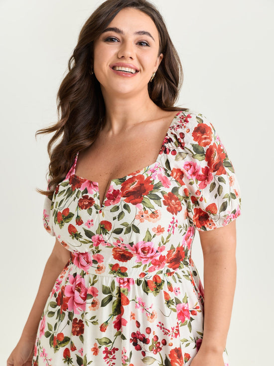 Floral Print Triangular Waist Midi Dress OMFORT