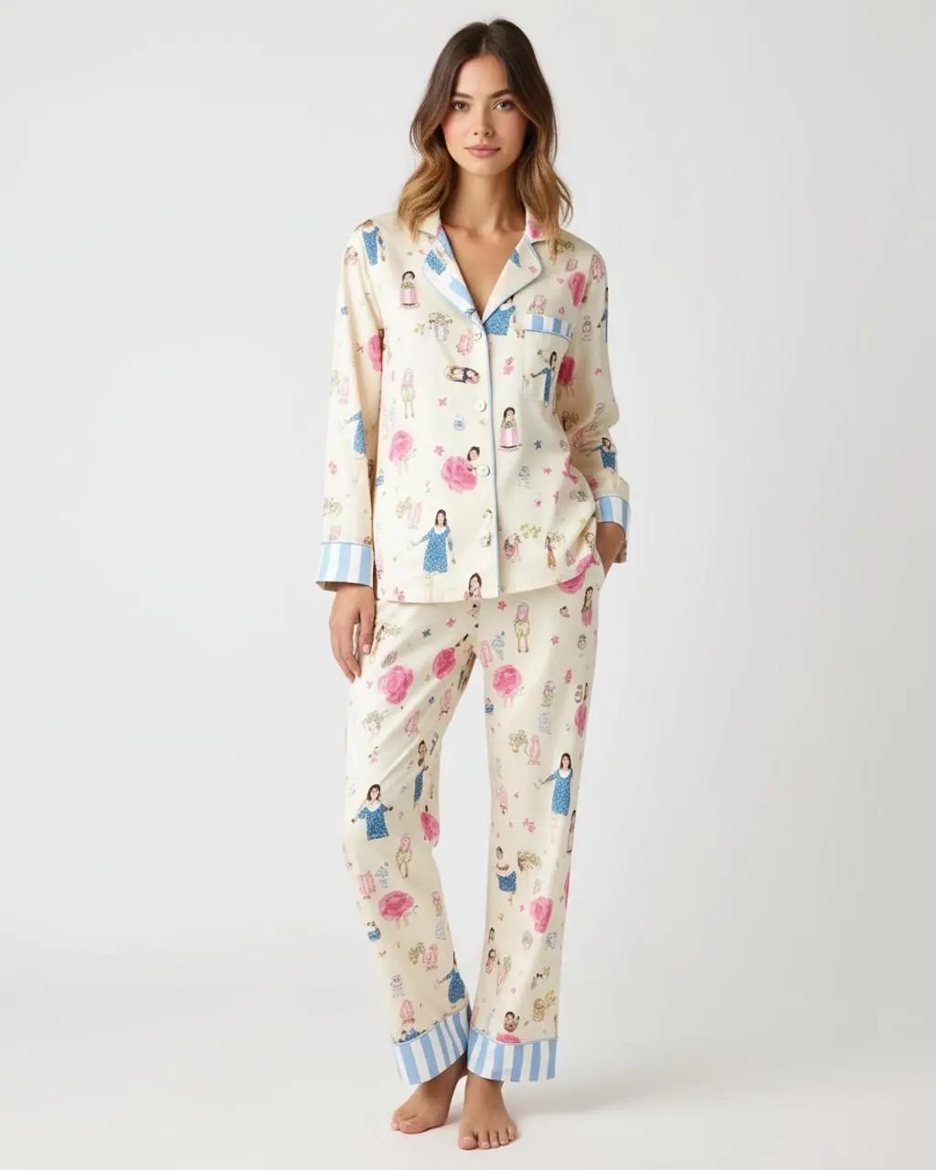 Vintage Doll Print Lapel Pajama Set OMFORT