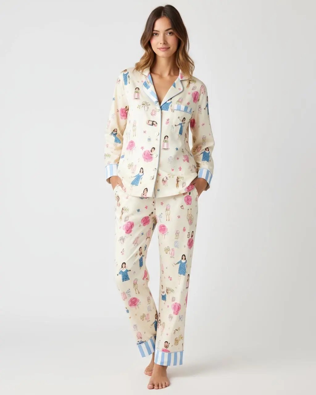 Vintage Doll Print Lapel Pajama Set OMFORT