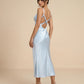 SOLACE  Light Blue Satin Fabric Slim Fit Midi Slip Dress?