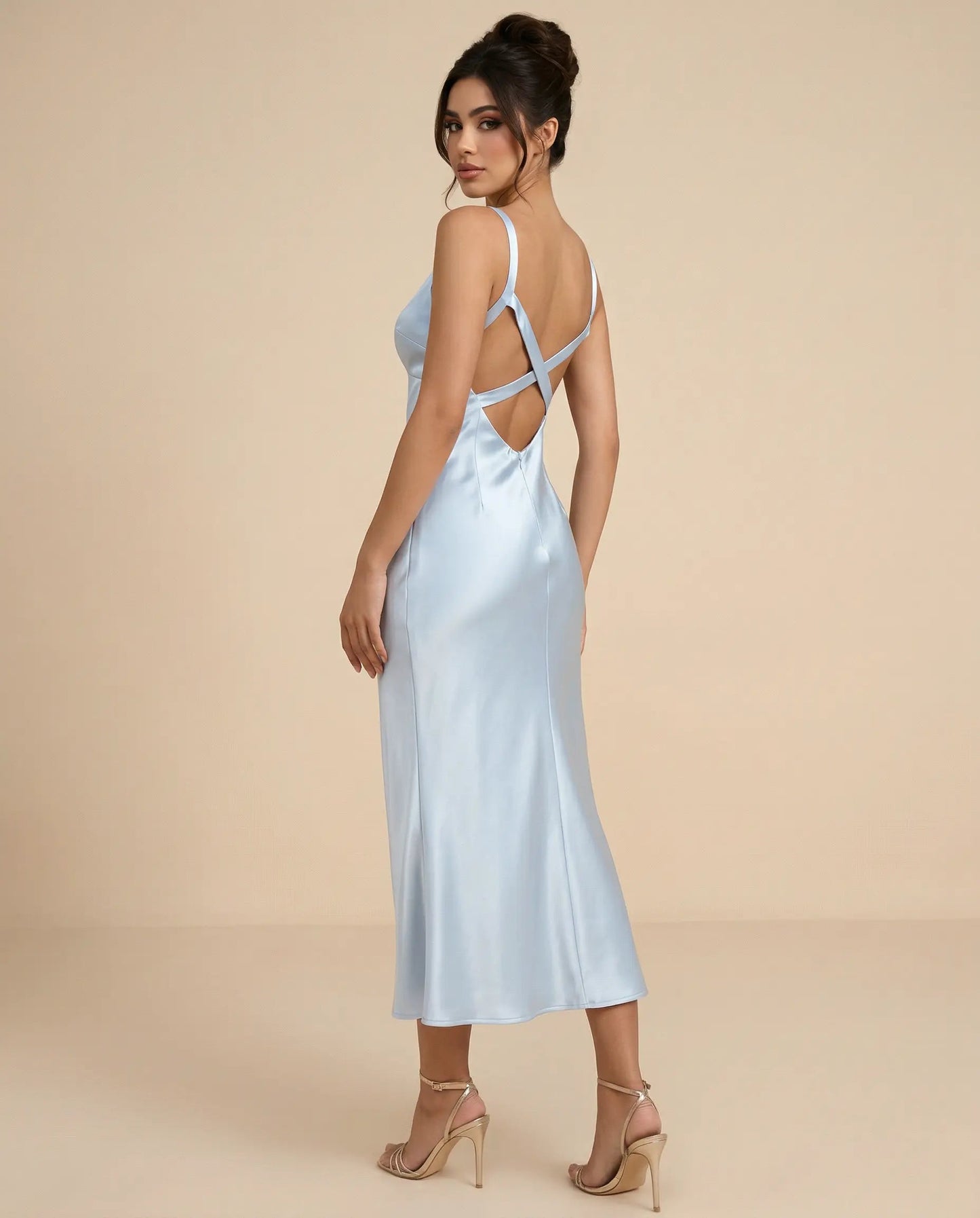 SOLACE  Light Blue Satin Fabric Slim Fit Midi Slip Dress?