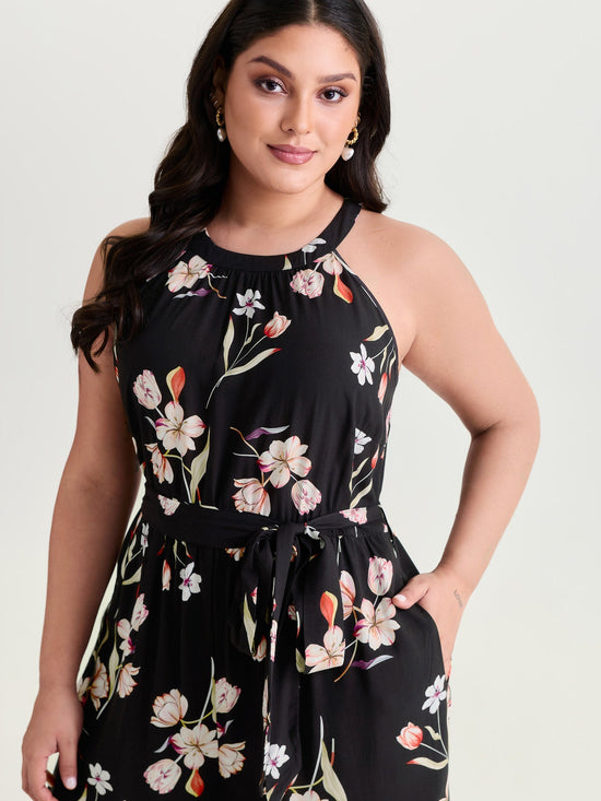 Large Floral Print Halter Neckline Jumpsuit OMFORT