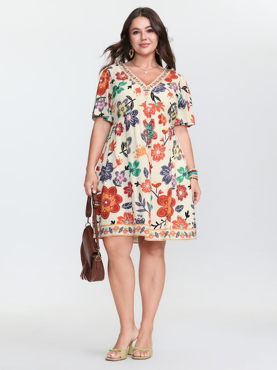 Colorful Floral Print V-Neck Mini Dress OMFORT