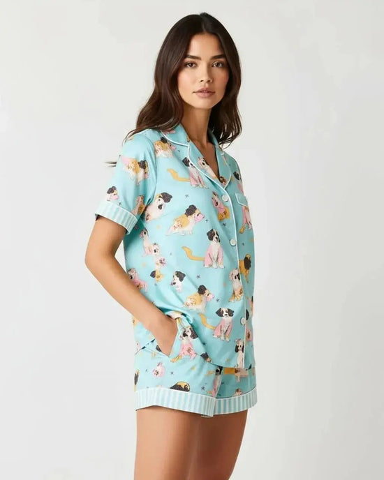 Cute Puppy Print Light Blue Pajama Set OMFORT