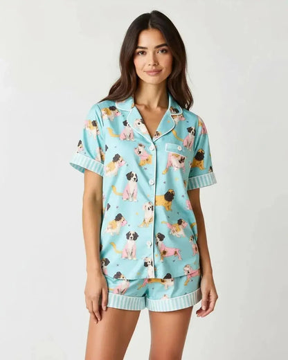 Cute Puppy Print Light Blue Pajama Set OMFORT