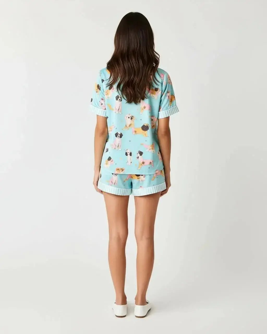 Cute Puppy Print Light Blue Pajama Set OMFORT