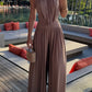 Lightweight Chic Metal Ring Drape Cowl Halter Neck Bodysuit and Elastic Waist Wide Leg Pants Set OMFORT