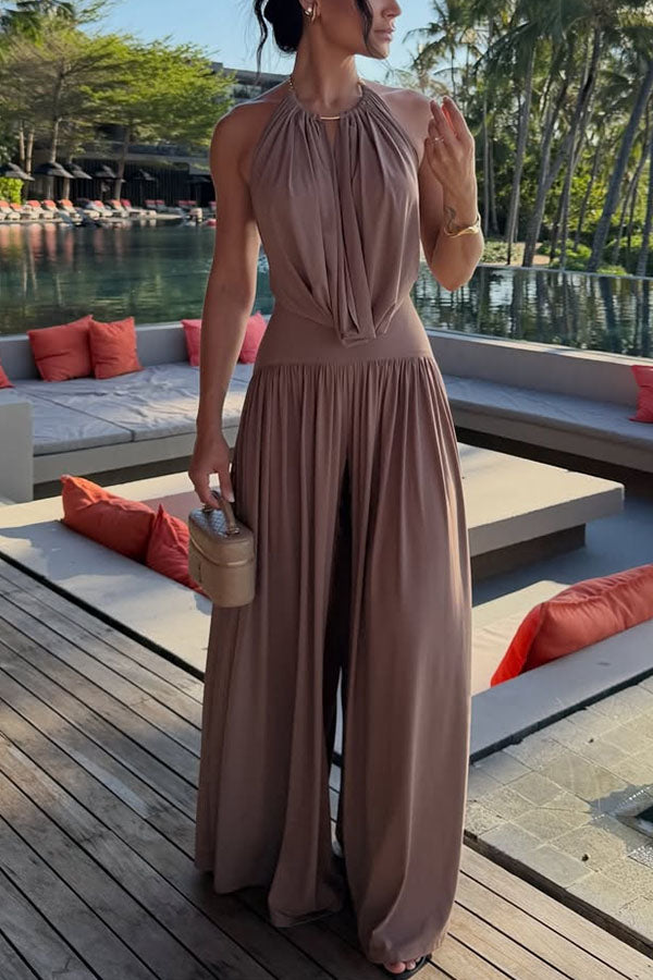 Lightweight Chic Metal Ring Drape Cowl Halter Neck Bodysuit and Elastic Waist Wide Leg Pants Set OMFORT