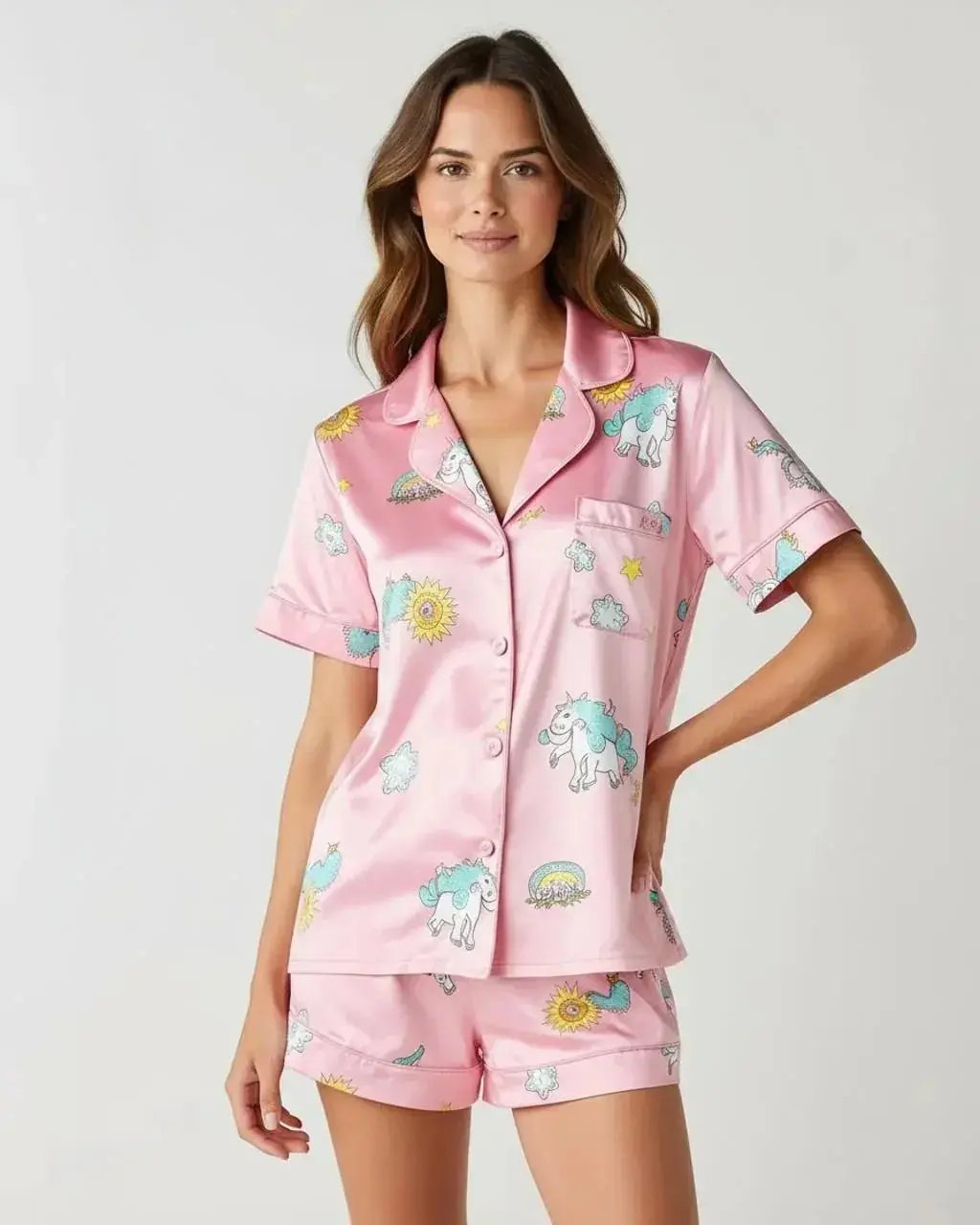 Dreamy Unicorn Print Pink Ice Silk Pajama Set OMFORT